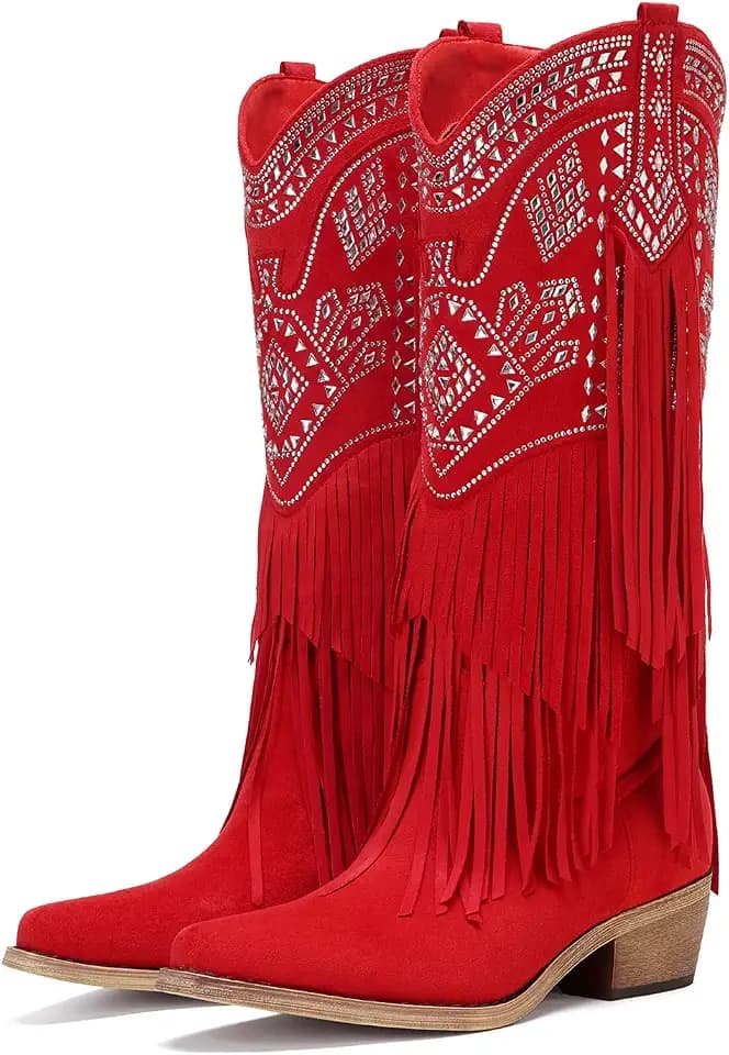 UTIKLIOU Cowboy Boots for Women Knee High Cowgirl Western Fringe Boots Rhinestone Chunky Heel Pointed Toe