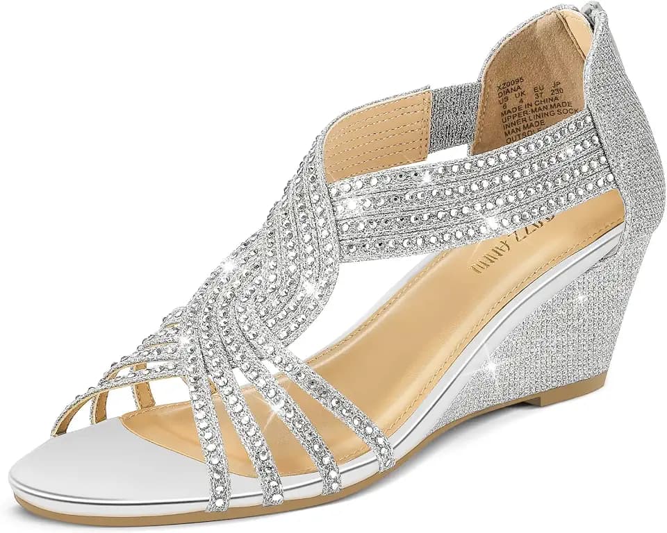 PIZZ ANNU Women's Diana Low Wedge Sandals Sparkly Rhinestone Open Toe Fashion Dress Shoes for Woman Lady in Bridal Dance Evening