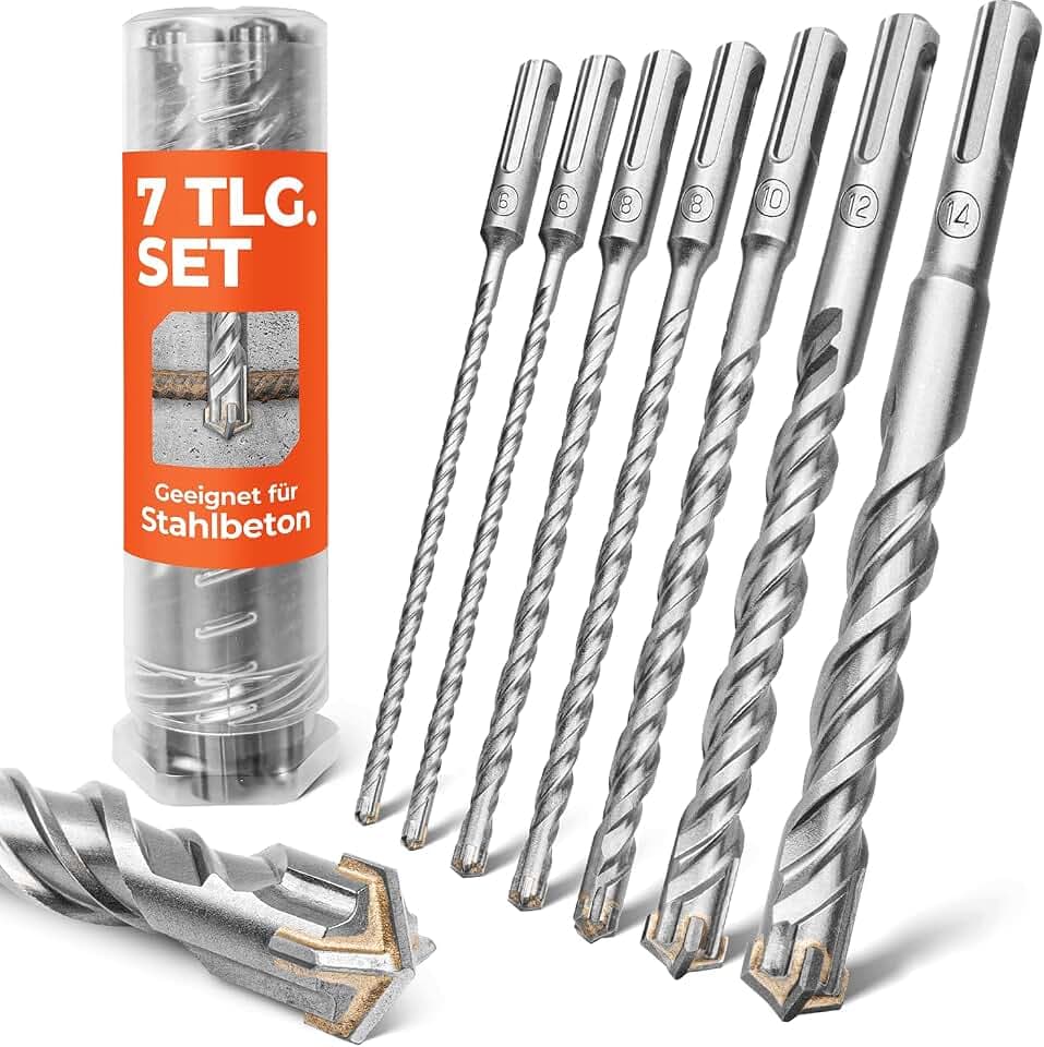 BAUBECK SDS Plus Bohrer Set für Beton [7tlg - Ø6-14 & 210mm lang] 4 Schneiden - Langlebige Betonbohrer aus 40CR Stahl für Präzise Ergebnisse - Bohrer Set Beton Schlagbohrer SDS Bohrer Stein