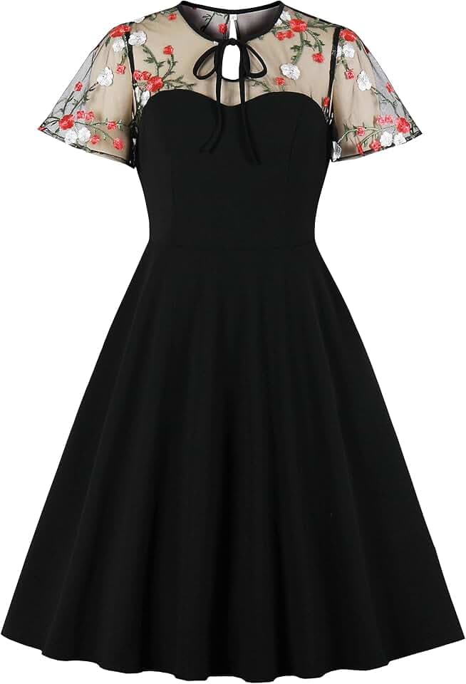 Wellwits Cocktailkleid für Damen, gepunktet, Stickerei, Schlüsselloch, Vintage-Stil