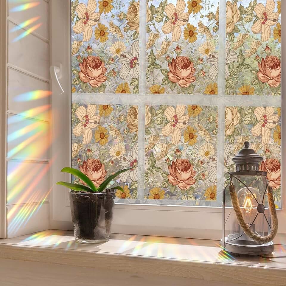 Runtoo Window Privacy Film Rainbow Boho Flowers Window Clings 3D Decorative Vinyl Stained Glass Vintage Floral Decals Static Sticker Non-Adhesive, 17 x 40 inches
