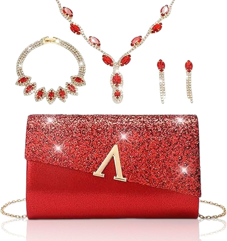 YYW 4 Pieces Women Evening Handbags Clutch Purse Bag with Rhinestone Crystal Jewelry Set for Wedding Party