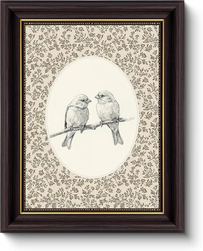 Myzoran Balck Gold Framed Wall Art,Vintage Birds Canvas Wall Art, Birds in Love on a Branch Prints,Antique Rustic Sparrow Sketch Drawing Print Pictures for Dorm,Apartment,Bedroom Decor 9x11in