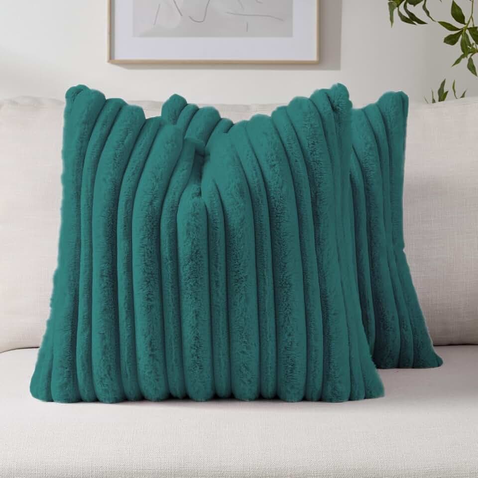 FUTEI Pack of 2 Faux Rabbit Fur Throw Pillow Covers 18x18 Inch,Teal