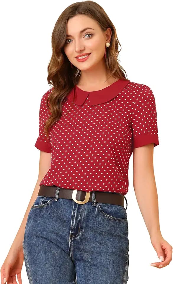 Allegra K Women's Peter Pan Collar Shirt Vintage 1950s Polka Dots Blouses
