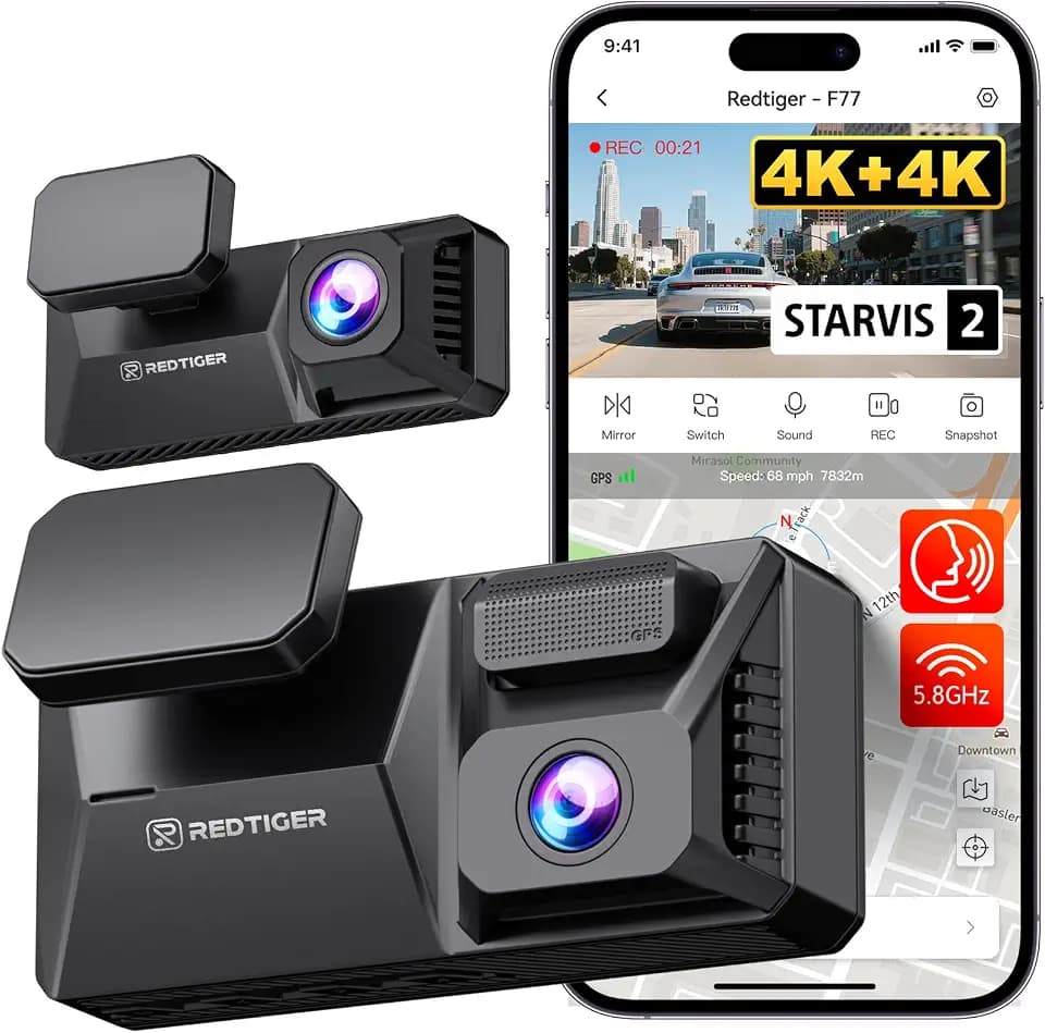 REDTIGER F77 4K+4K Dual Dash Cam for Cars, 2CH STARVIS 2 IMX678, 128GB eMMC