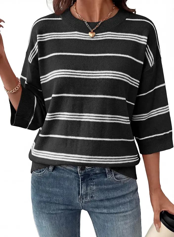 Dokotoo Womens Sweaters Oversized 3/4 Sleeve Striped Lightweight Knit Tops