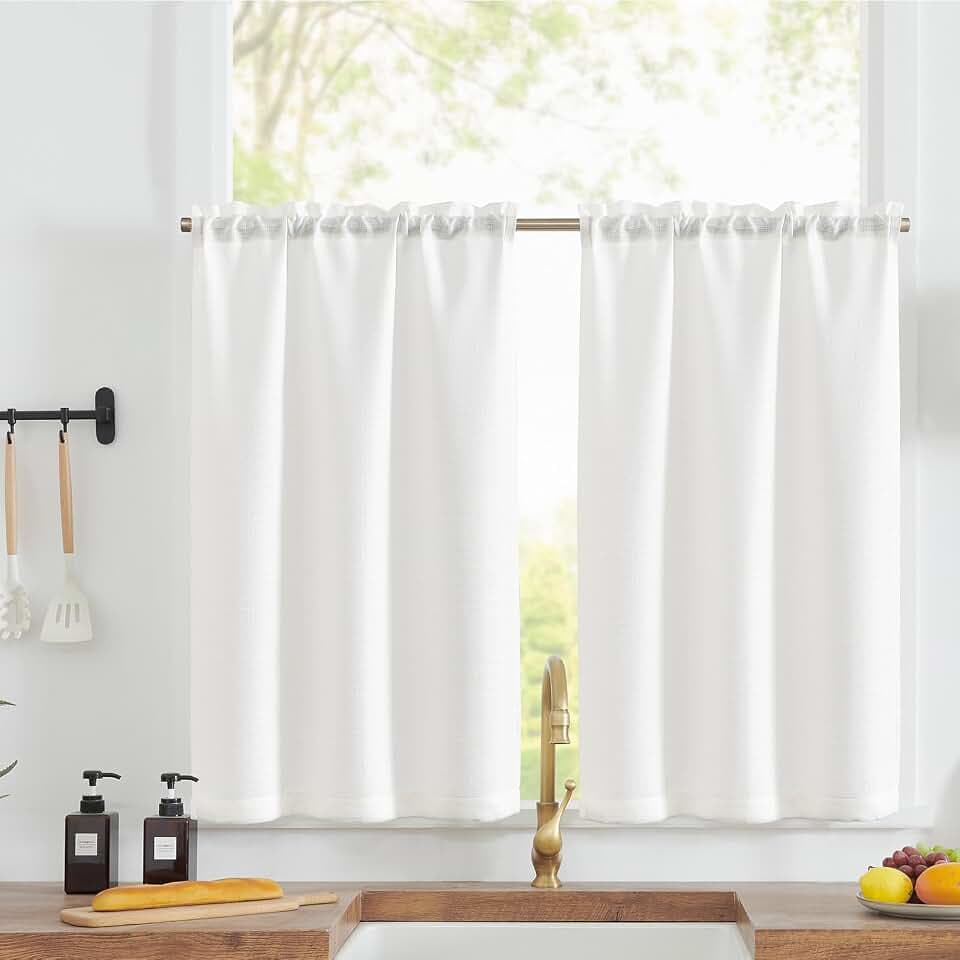 TOPICK Scheibengardine Bistrogardine Lang Blickdicht Vorhang Privatsphäre Fenstervorhang Gardine Schals Scheibengardinen Fensterschal für Küche Wohnzimmer Landhaus 2er-Set 90Bx115H(cm) Weiß
