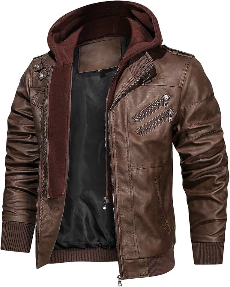 HOOD CREW Herren-Motorrad-Bomberjacke aus PU-Kunstleder mit abnehmbarer Kapuze