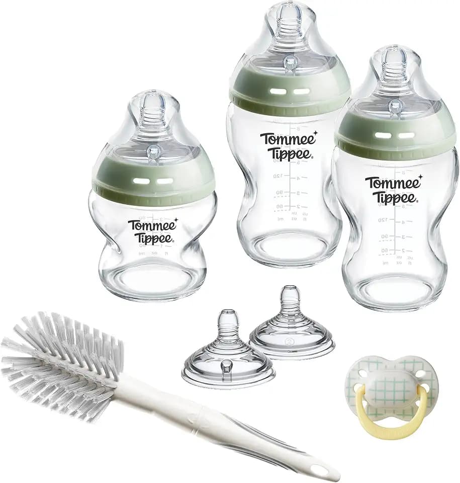 Tommee Tippee Natural Start Starterset aus Glas, Neugeborene, 150-ml- und 250-ml-Anti-Kolik-Babyflaschen mit Besonders langsamer und Langsamsauger, brustähnliche Sauger, selbststerilisierend
