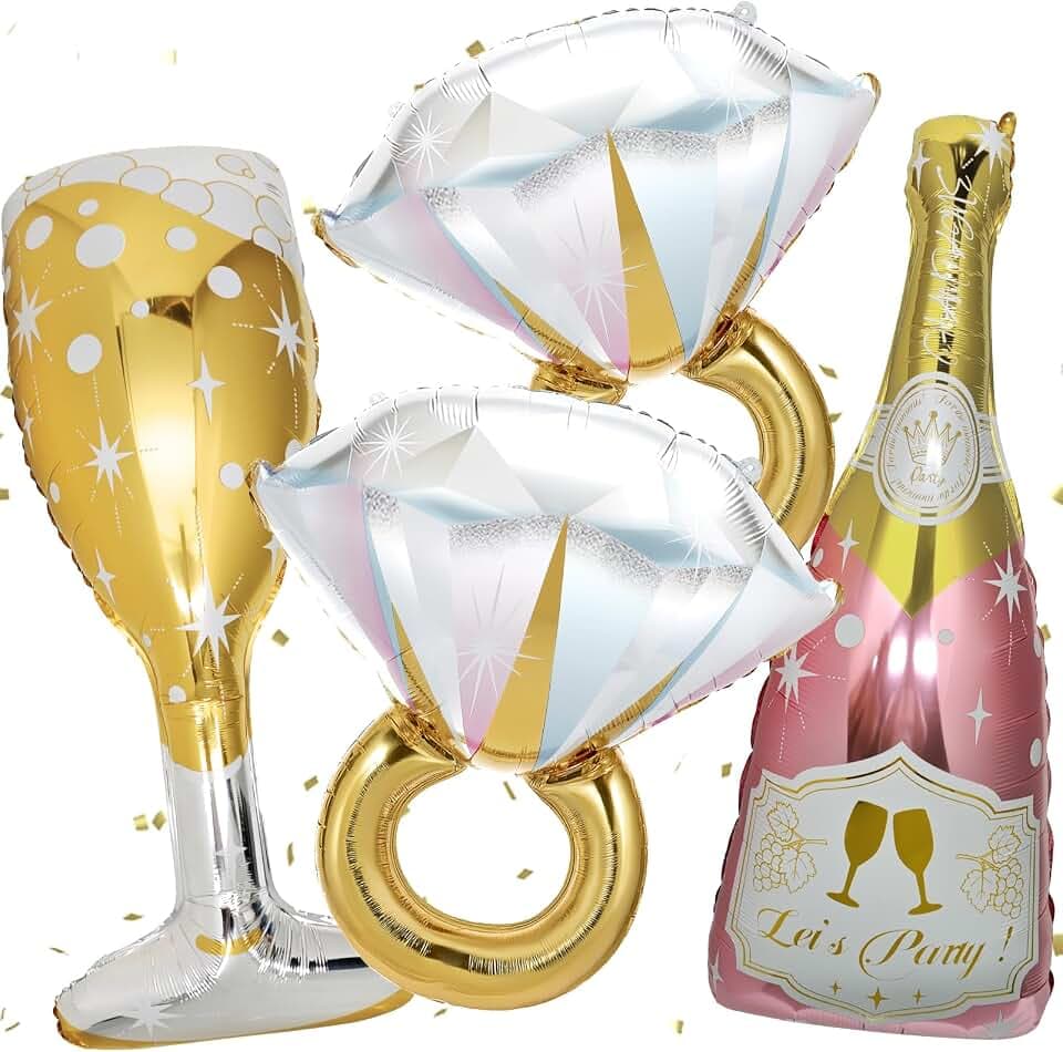 4 Pcs Bachelorette Balloons, Huge Rose Gold Champagne Bottle Diamond Ring Goblet Aluminum Foil Balloons for Bachelorette Party, Bridal Shower, Wedding, Engagement Party Decorations Supplies