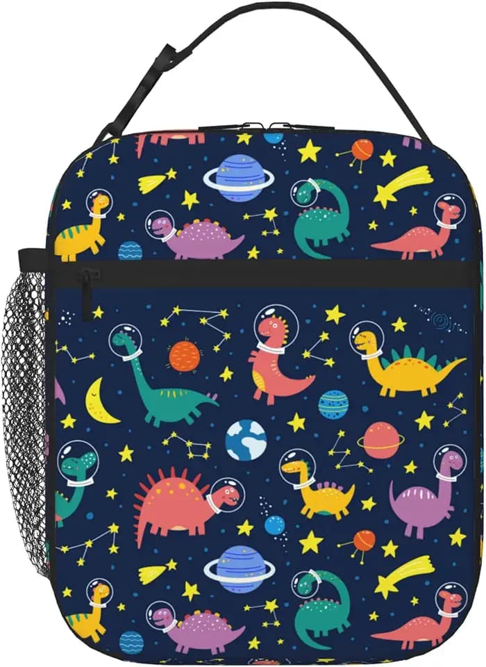 Space Dinosaur Insulated Lunch Box for Girls Boys, Kids Lunch Bag, Reusable Waterproof Lunch Cooler Bag with Side Pocket, Black Lunchbox for School, Travel, Picnic, Toddler, Teen