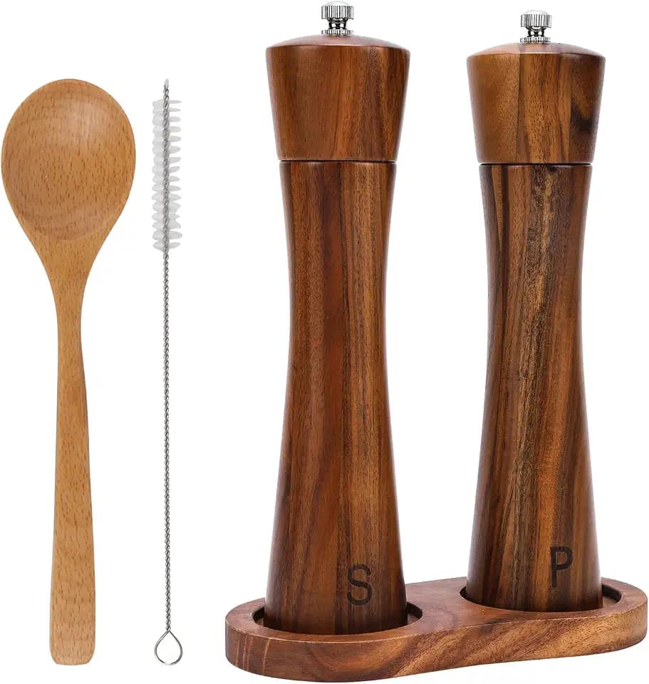 Salz und Pfeffermühlen Set mit Untersetzer, 2er set Holz Pfeffer und Salzmühle Set-Hochleistungs Keramikmahlwerk, Brau, 8Inch