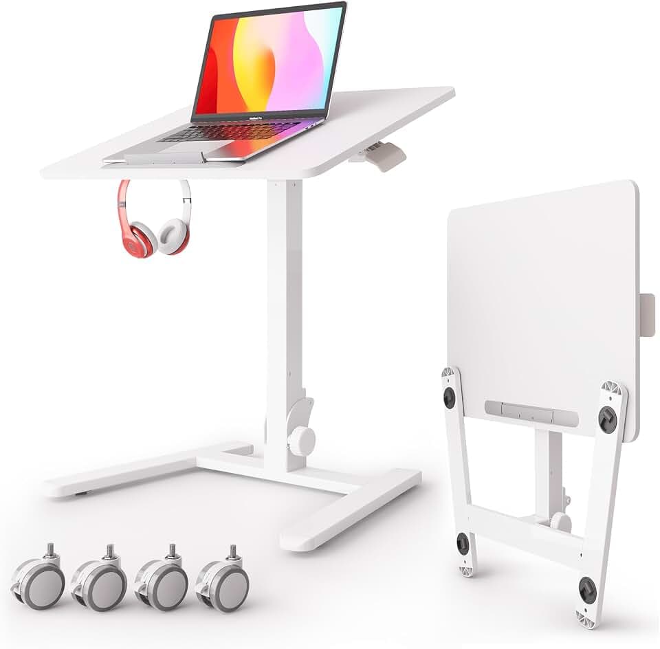 Monomi 25“ Mobile Folding Desk,Pneumatic Sit-Stand Table,No Assembly,White