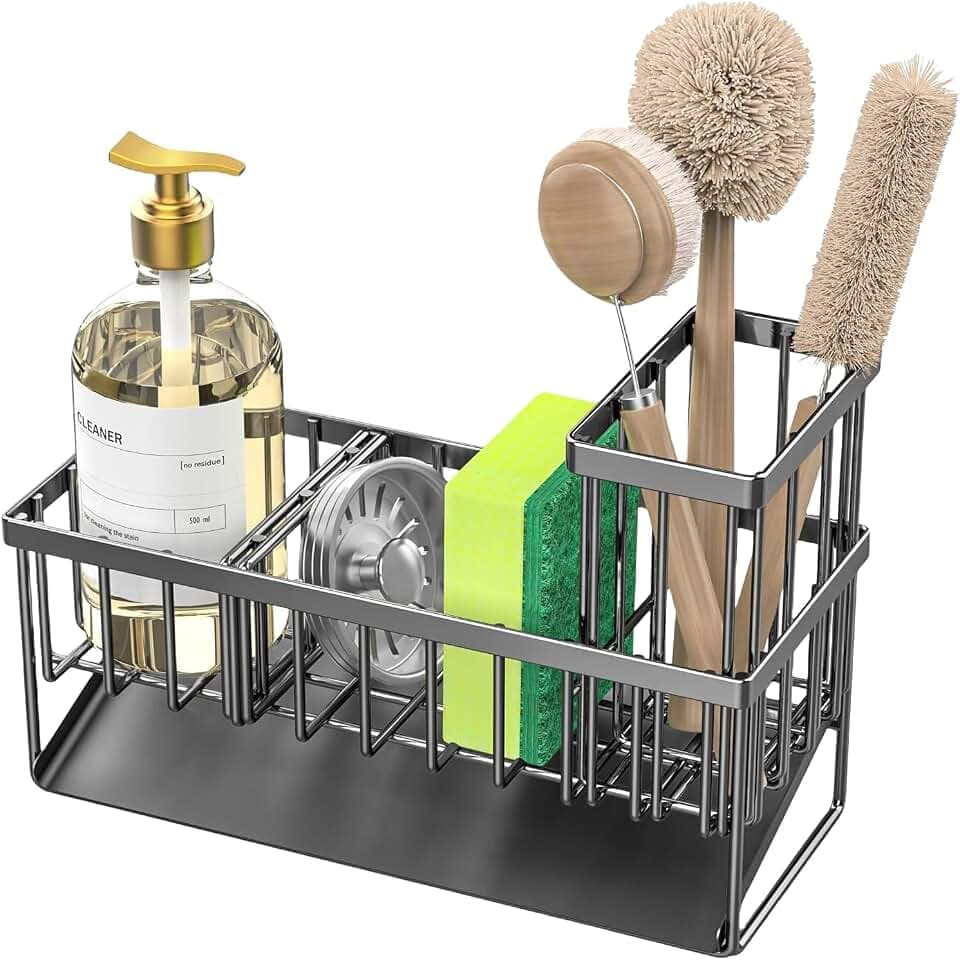 LUBZ Stainless Steel Sink Caddy with Drain Tray Kitchen Sponge Holder & Dish Soap OrganizerRustproof Sink Organizerfor Kitchen Counter