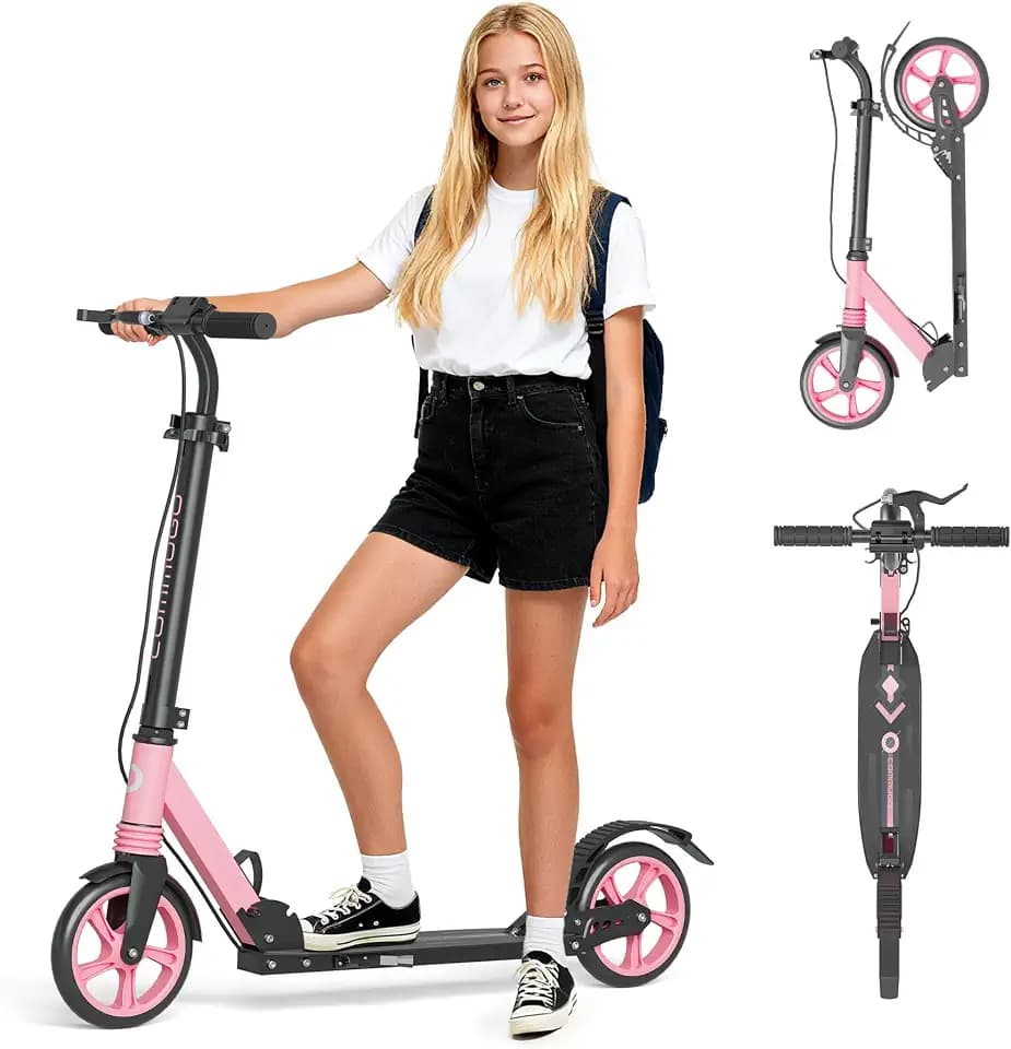 Kick Scooter for Kids Ages 8+, Teens & Adults, Foldable Scooter with Dual Brakes, Front Suspension, 8" Solid Wheels, 4-Level Adjustable Handlebar, 240 lb Capacity