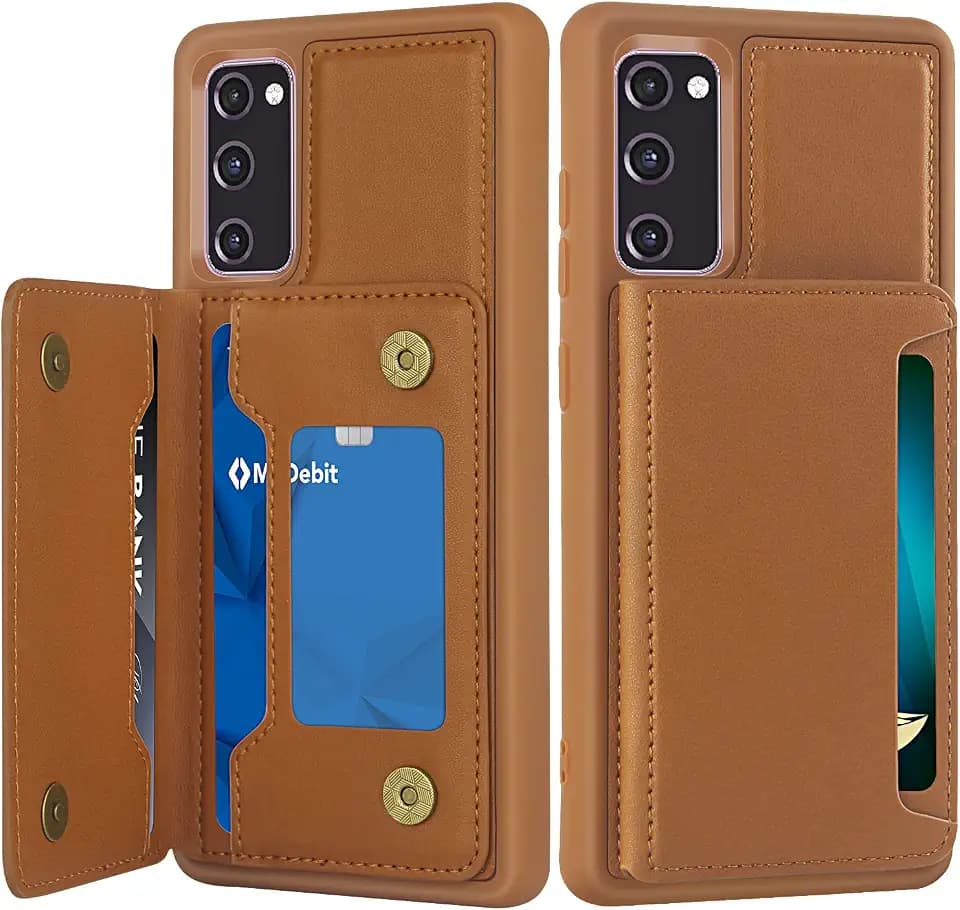 Bizzib Cell Phone Case for Samsung Galaxy S20 FE, Elegant Faux Leather Wallet Case with Card Holder, Kickstand, Magnetic Clasp, Shockproof Protection, Brown