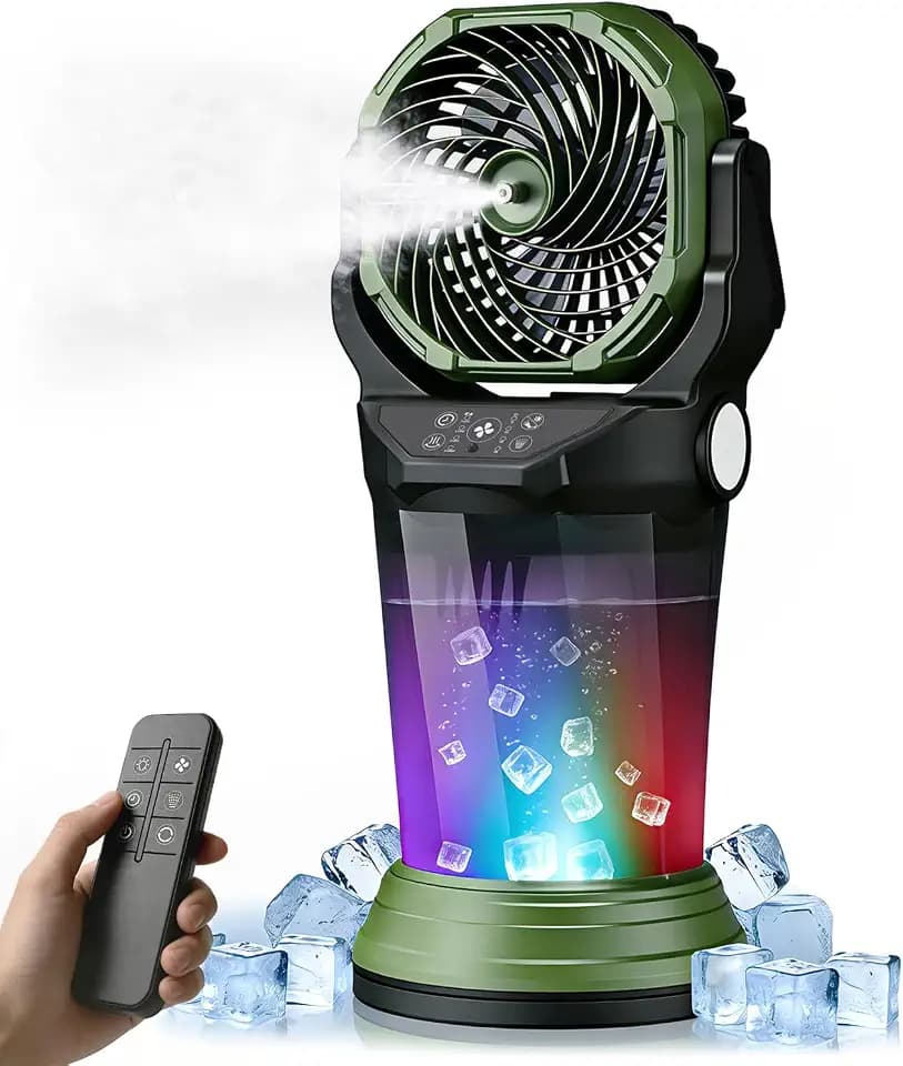 Portable Misting Fan with Remote, 2L Water Tank & 2 Spray Modes, 30000mAh Rechargeable Outdoor Cooling Fan, 4 Wind Speeds, 3 Timers, 120° Oscillation, RGB Lights & Flashlight for Camping Beach Patio