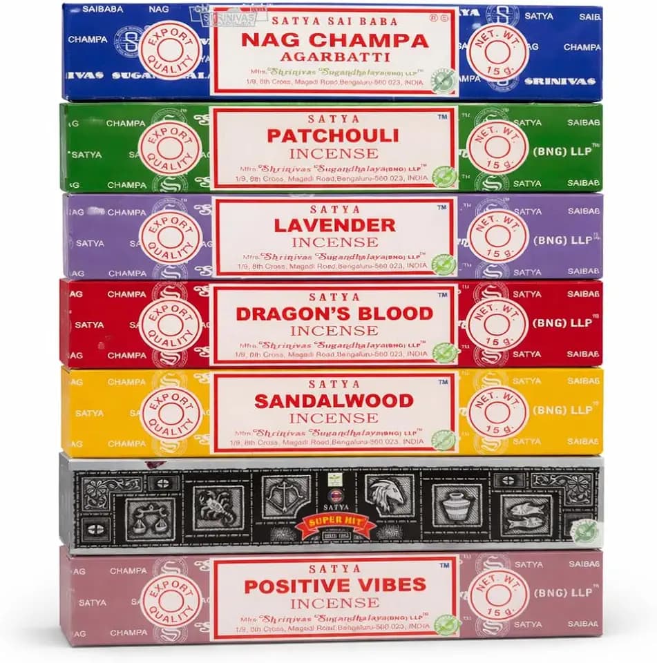 Satya Räucherstäbchen Geschenkset Nag Champa, Super Hit, Drachenblut, Sandelholz, Patchouli, Lavendel, Positive Vibes, 15 g