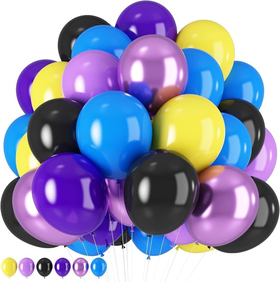 HILAVO Purple Blue Yellow Black Balloons 60 Pcs Metallic Purple Royal Blue Black Yellow Game Latex Balloon Gaming Party Balloon for Kids Gamer Night Birthday Graduation Party Decoration Supplies