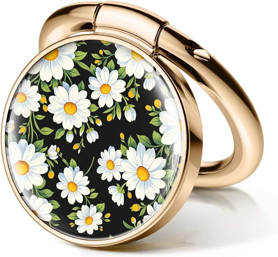 Cell Phone Ring Holder Grip, Luxury Gold Metal Ring Holder 360°Rotation Finger Ring Stand, Cute Large Cell Phone Kickstand Grip Compatible with Most of Phones Black White Flower