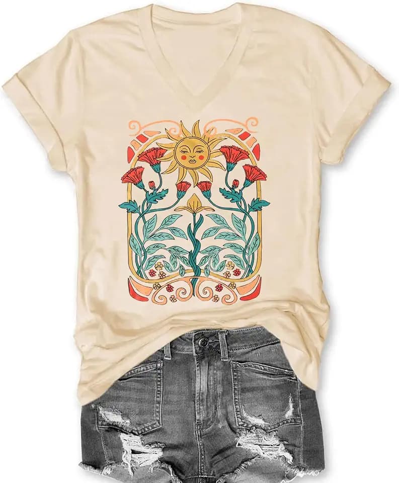 MQSVPUT Women's T-Shirts V-Neck Boho Flowers Wildflowers Tee Cute Summer Graphic Shirts Short Sleeve T Shirt