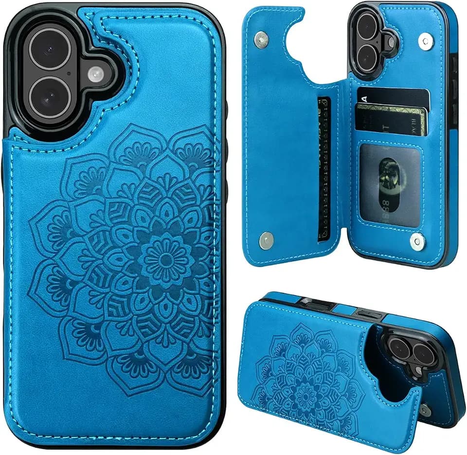 MMHUO for iPhone 17 Case with Card Holder,Flower Magnetic Buttons Protective Wallet Case for Women for iPhone 17 (6.3 Inch),Blue