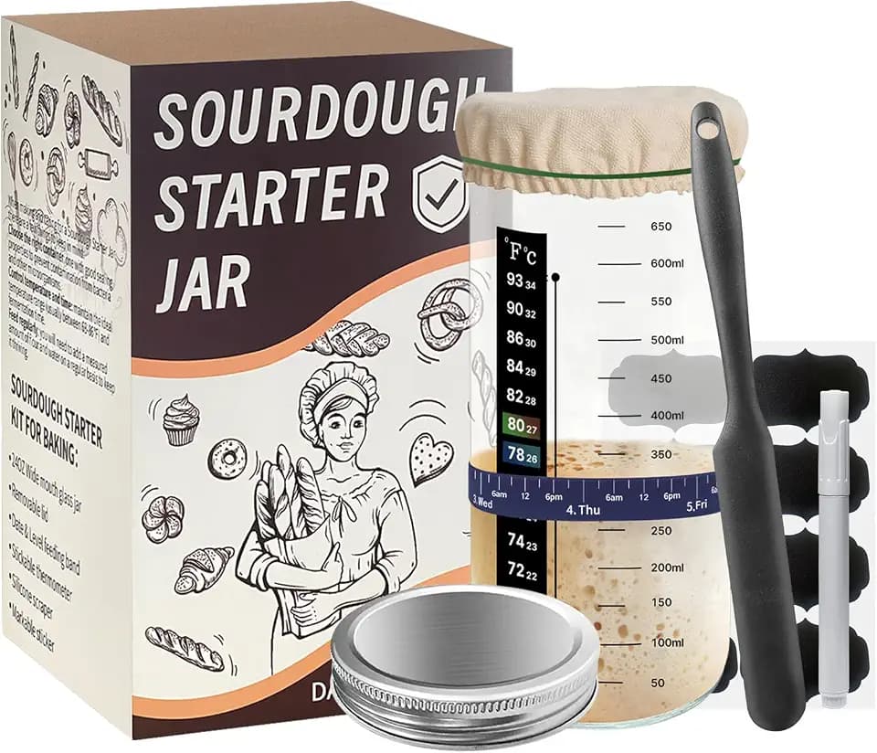 700ML Sauerteig Starter Jar Kit für Sauerteig Brotbacken Zubehör mit Datum markiert Fütterung Band, Kreidetafel Etikett, Mark Stift, Thermometer, Schaber, Stoffabdeckung, Aluminium-Deckel