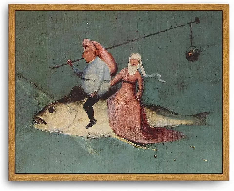 Roslynity Framed Canvas Wall Art Vintage Print Oil Paintings Weird Renaissance Detail from The Temptation of Saint Anthony Flying Fish Retro for Home Living Room Bathroom Wall Decor (8"x10")