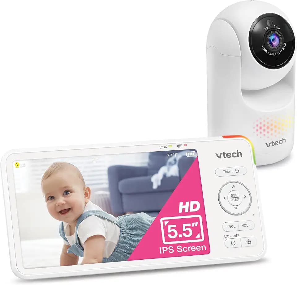 VTech Video Baby Monitor No WiFi, 5.5-Inch HD IPS Screen, Remote Pan Tilt Zoom Camera, Night Light, 5000mAh 19H Battery, 1000ft Range, Night Vision, 2-Way Talk, Temperature Sensor | Advanced HD Plus