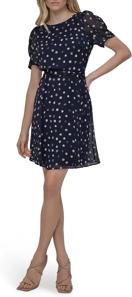 DKNY Women's Short Sleeve Puff Sleeve Tie Waist Dress