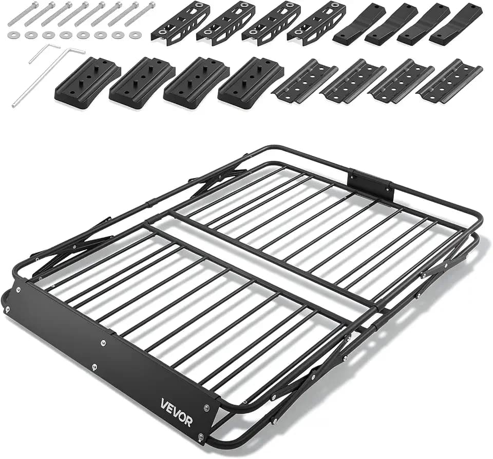 VEVOR Roof Rack Cargo Basket, 46 x 36 x 4 in, Heavy Duty Roof Top Carrier Basket with Folding Design, 200 lbs Capacity, All-Weather Easy-Install Car Top Luggage Holder, Universal Fit for SUV Truck Car