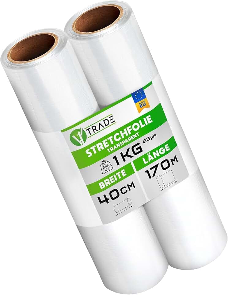 V1 TRADE Stretchfolie – 2 Stretchfolienrollen 40 cm x 170 m – Transparent