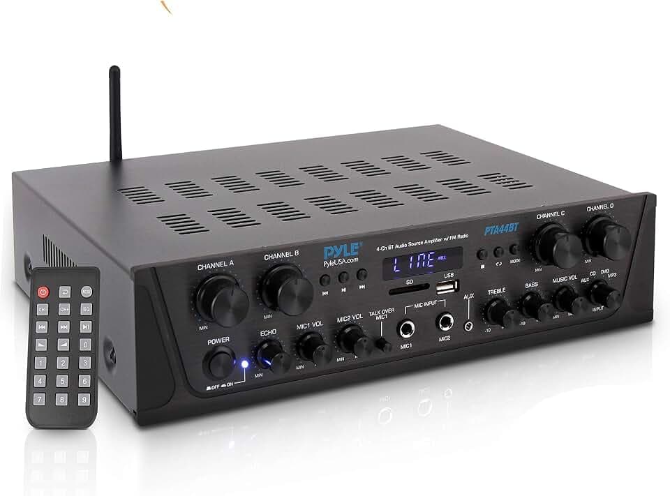 Pyle 500W Karaoke Amplifier with Bluetooth - 4 Channel Stereo Output, Front Panel Aux In, MIC1 / MIC2, Mic Vol with Echo / Talk Over, USB-A, SD/MMC, Sub Out, Rec Out - Home / Commercial -PTA44BT.5