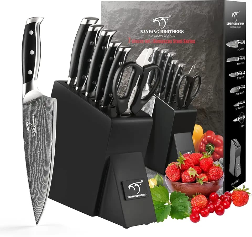 NANFANG BROTHERS Messerset, 7-teiliges Damaskus-Küchenmesserset mit Block, VG10-Stahlkern mit HRC 60 ± 2 Härte, mit Kochschere, perfektes Messerset-Geschenk