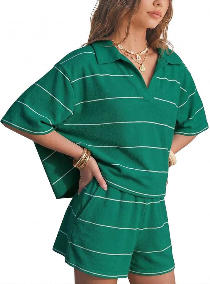 EXLURA Women Summer 2 Piece Outfits Sweater Knit Polo Top Matching Shorts
