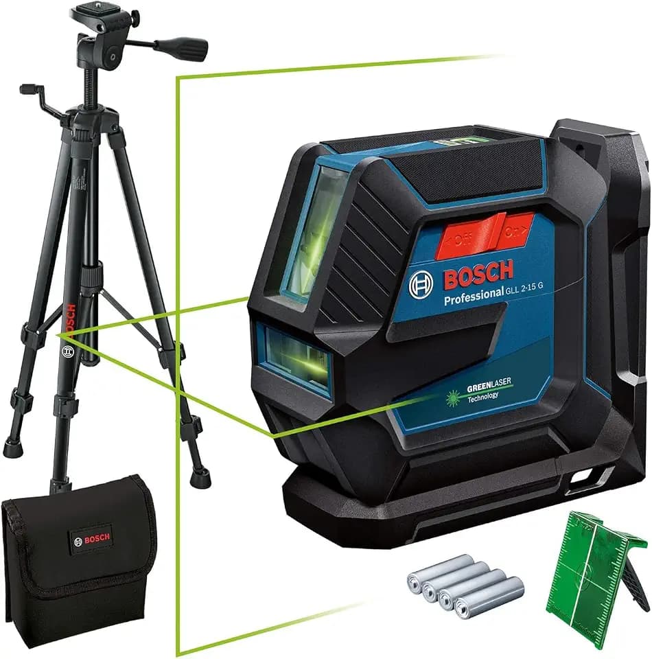 Bosch Professional Linienlaser GLL 2-15 G (grüner Laser, Innenbereich, Halterung LB 10, Stativ BT 150, sichtbarer Arbeitsbereich: bis 15 m, 4X AA-Batterie, in Kartonschachtel)