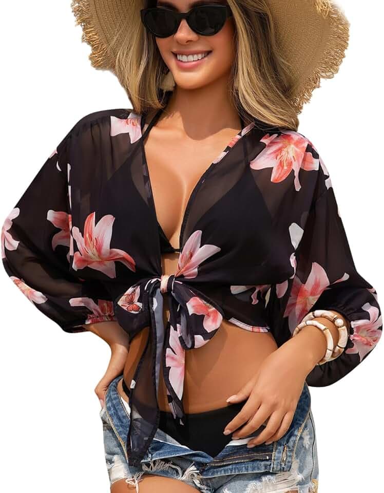 Women's Swimwear Cover Ups Tops Tunic Self-tie Swimsuit Bikini Bathing Suit Long Sleeve Soft Beach Shirt for Women