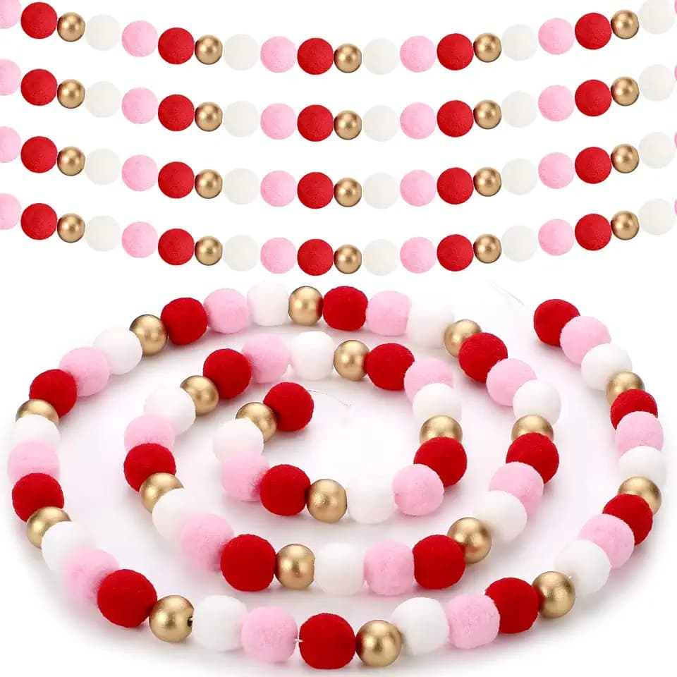 2 Pcs Valentine‘s Day Garland Decoration Valentine Pom Pom Wool and Wood Felt Ball Valentines Felt Garland with Gold Wood Beads Valentine‘s Day Holiday Party Banner Decoration (Red, White, Pink, Gold)