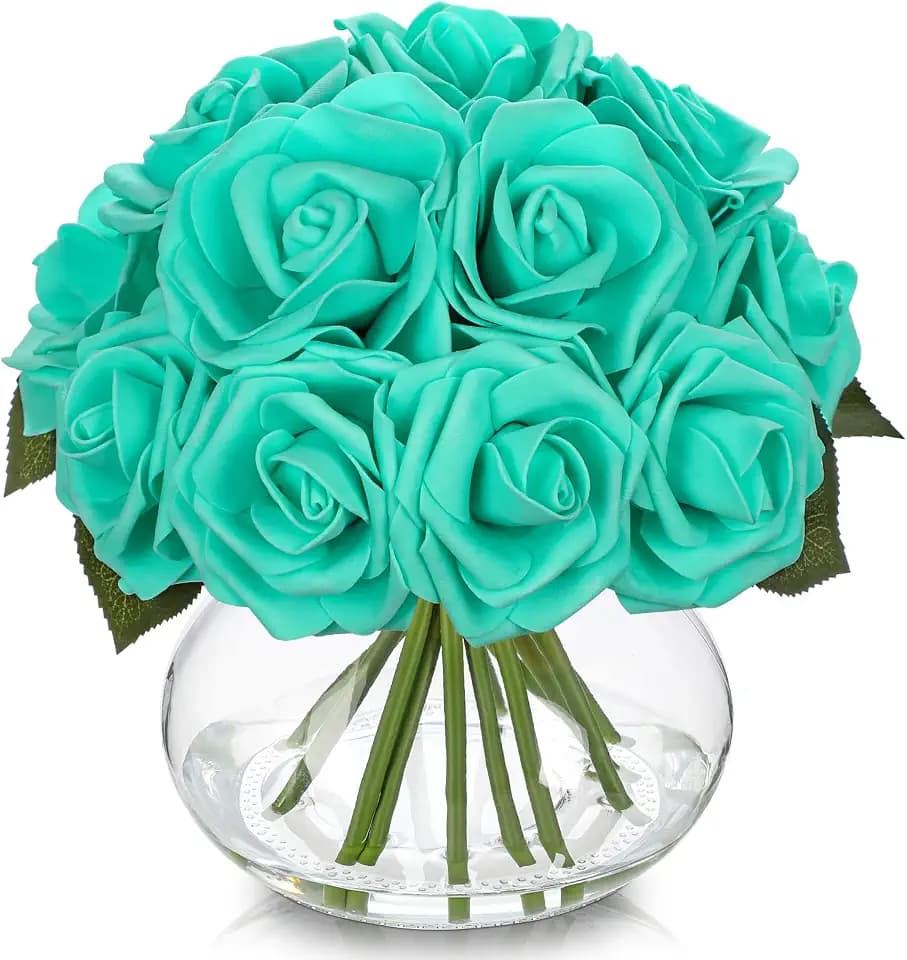 Hollyone Cyan Roses Artificial Flowers in Vase Silk Fake Cyan Roses Bouquet Flowers Rose Floral Arrangements with Glass Vase with Clear Faux Water for Home Bathroom Office Table Centerpiece Decoration
