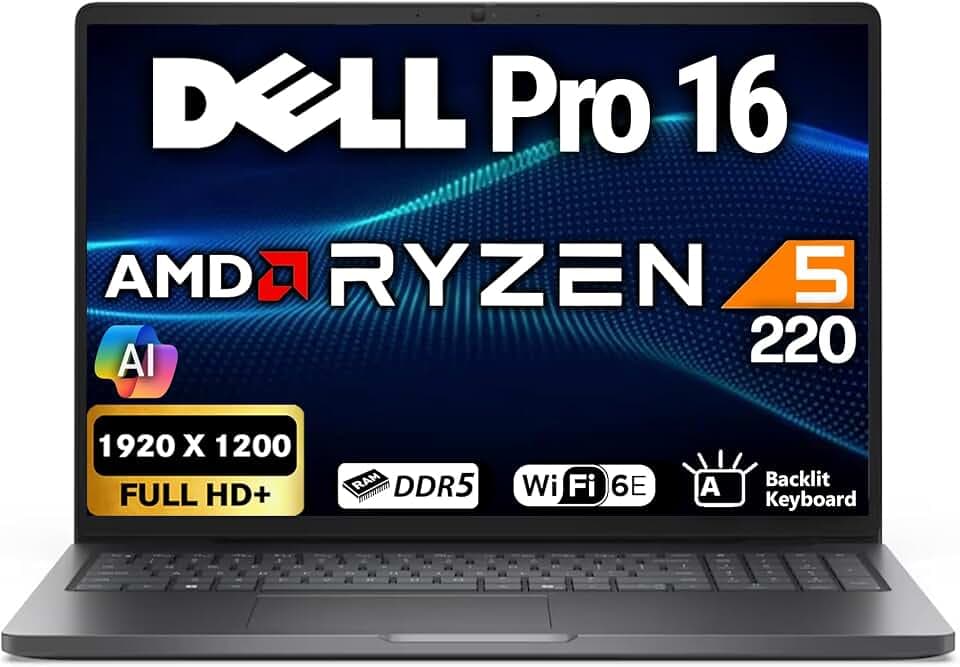 Dell Pro 16 Business Laptop, 16" FHD+ Display (Replaces Latitude 3550), AMD Ryzen 5 220 Processor, 32GB DDR5 RAM, 512GB PCIe SSD, WiFi 6E + BT, RJ-45, HDMI, Backlit Keyboard, HD Webcam, W11Pro - Black