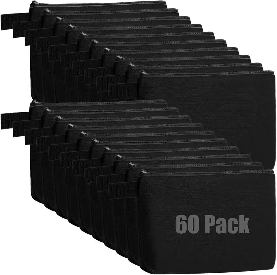 Reginary 60 Pcs Canvas Makeup Bag Bulk, 7.5 x 5 x 2 Inch, Black