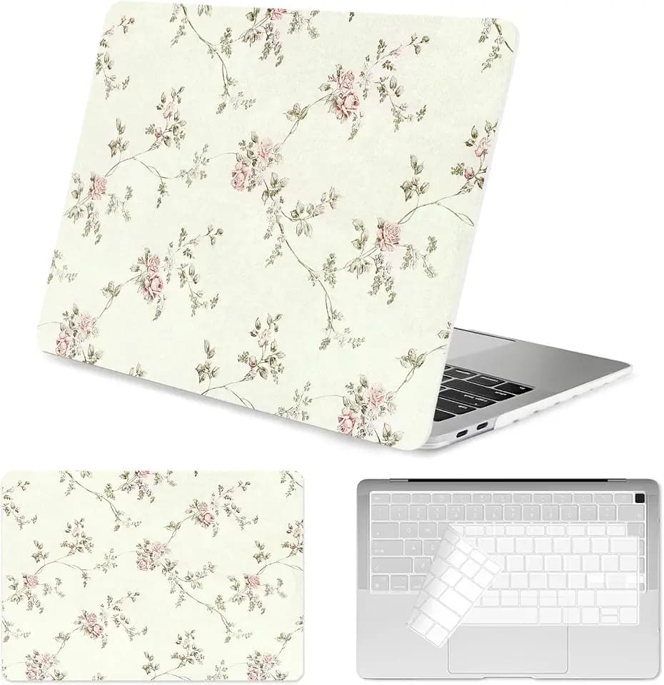 Seorsok Compatible with MacBook Air 13 Inch Case 2022 2021 2020-2018 Release A1932 A2179 M1 A2337,Cute Flower Branch and Vintage Pink Rose Design Plastic Hard Case&Transparent Keyboard Cover,Beige