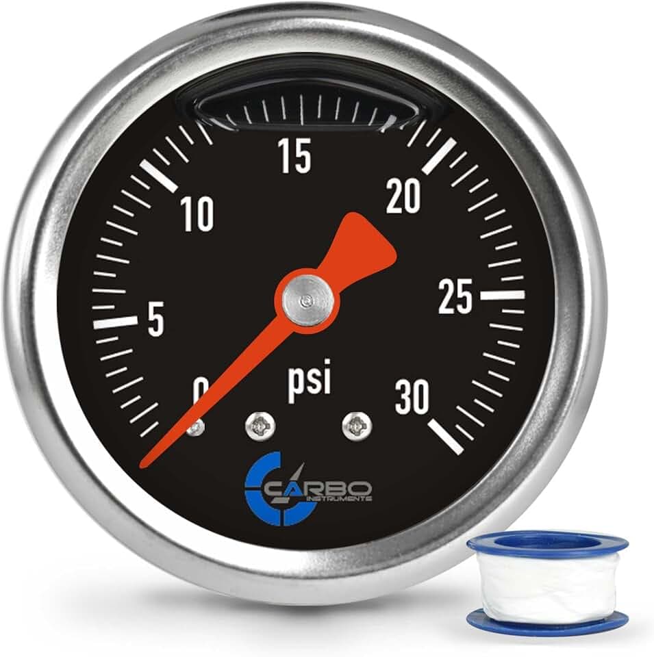 1-1/2" Fuel Pressure Gauge, Stainless Steel Case 304, Chrome Plated Brass Connection, Glycerin Filled, 0-30 Psi, Accuracy 3-2-3%, Back Mount 1/8" NPT Black Dial