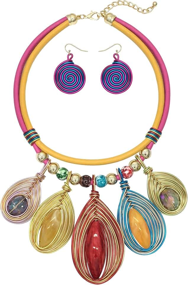 Chunky African Statement Necklace For Women Tribal Fashion Costume Jewelry Earring Sets Unique Colorful Big Rhinestone Crystal Pendent Collar Choker Bib Handmade