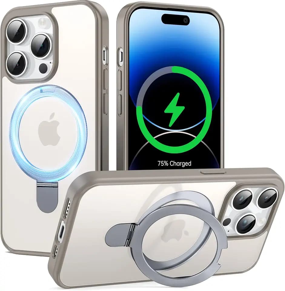 Supdeal Magnetic Stand Case for iPhone 14 Pro with Invisible Ring Kickstand [Compatible with MagSafe] [Military Drop Protection] Shockproof Protective Translucent Matte Phone Cover, 6.1'', Grey