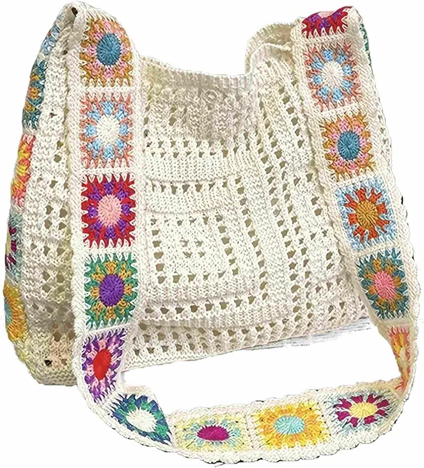 cute knit beach bag for women, small boho tote bag, summer aesthetic embroidered bags handbag