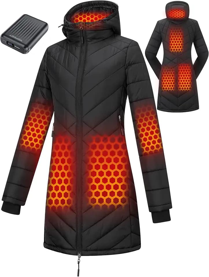 Topdot Women's Graphene Long Heated Jacket, 18400mAh 12V, Adjustable Hood