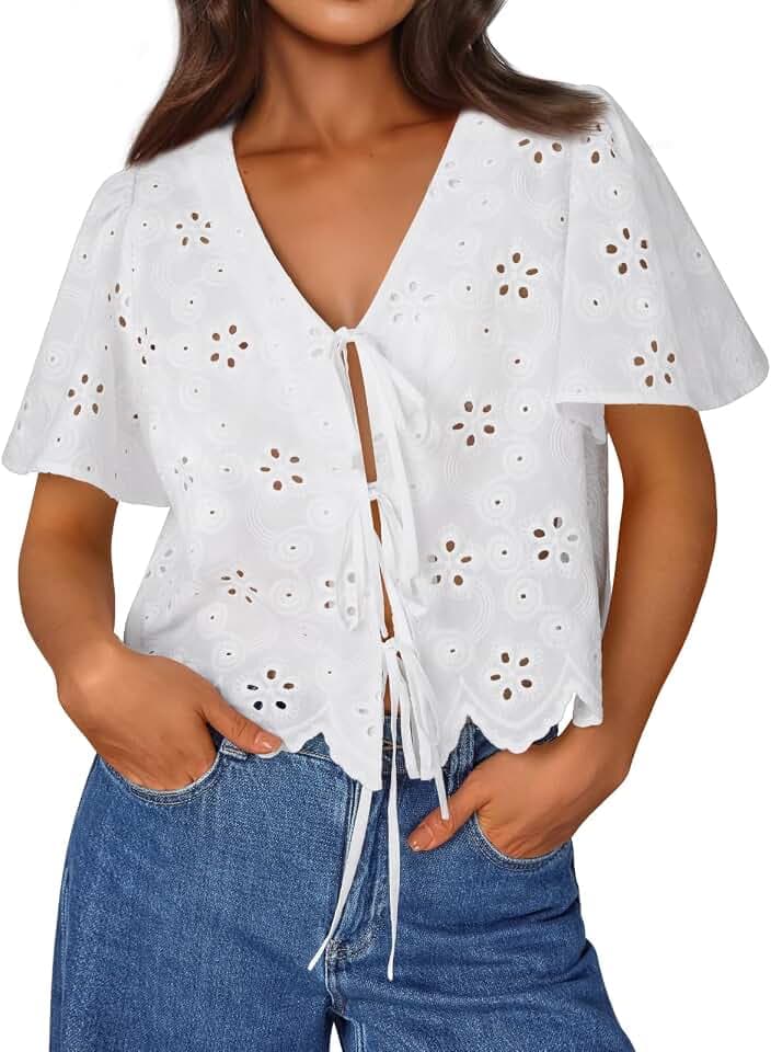 Trendy Queen Womens Summer Tops Cotton Tie Front Blouses