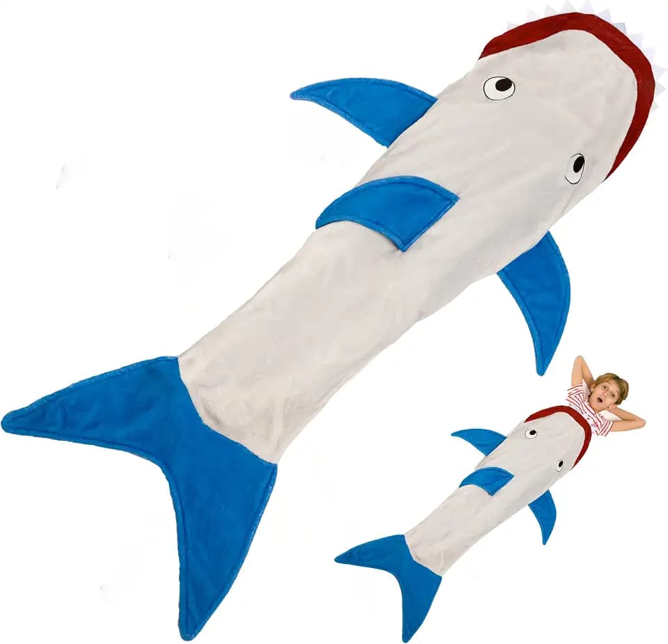 Kanguru Hai Decke zum anziehen, Shark Blanket für Kinder, weiche Mikrofaser-Fisch Plaid, für Sofa, Reisedecke 142cm lang, mit Flosse, Geschenkidee Geburtstag, Grigio, Blu, Rosso